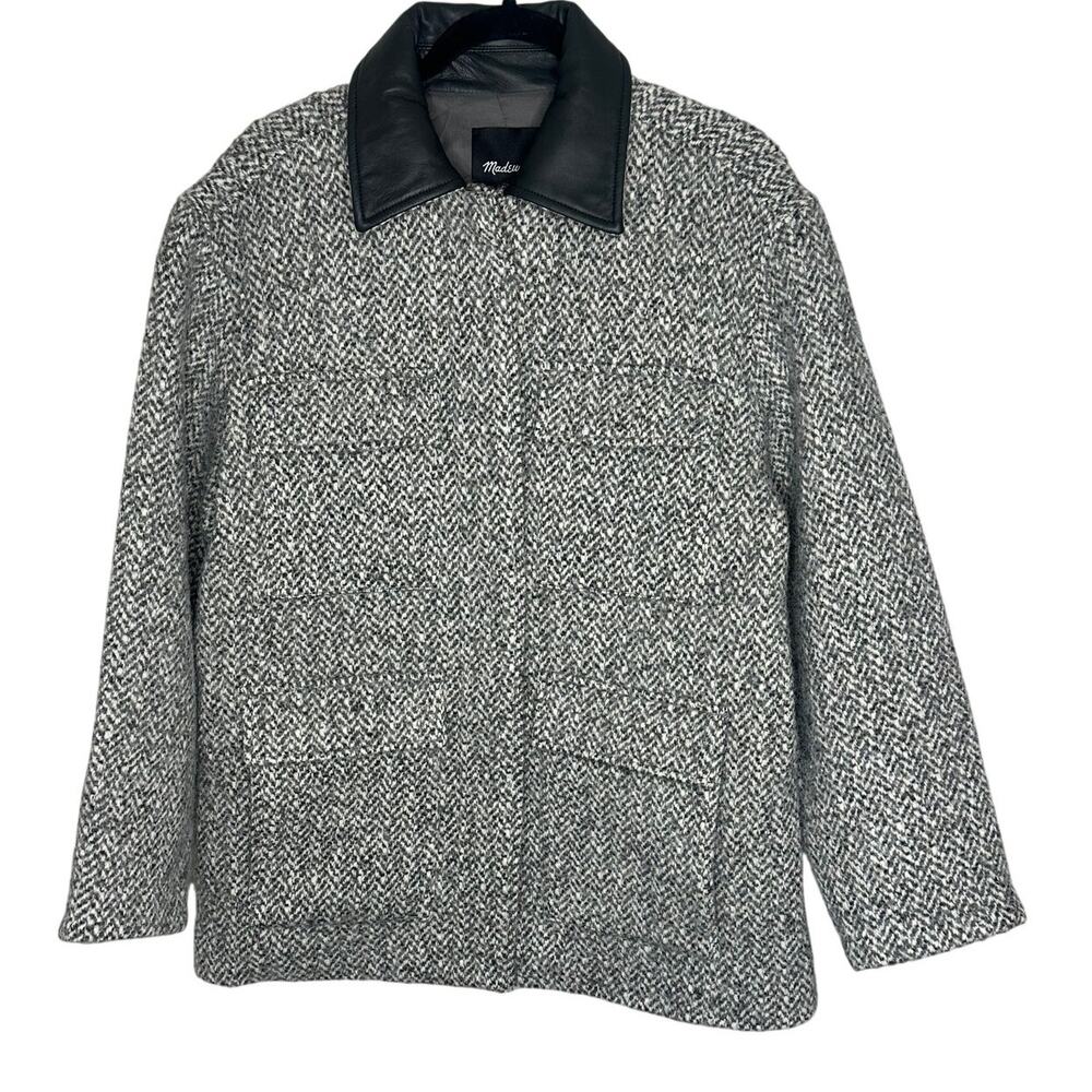 Madewell Italian Herringbone Coat S Grey Alpaca Wool Faux Leather Collar Long